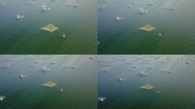 Cam Ranh海滩上养鱼场和龙虾场的无人机视图