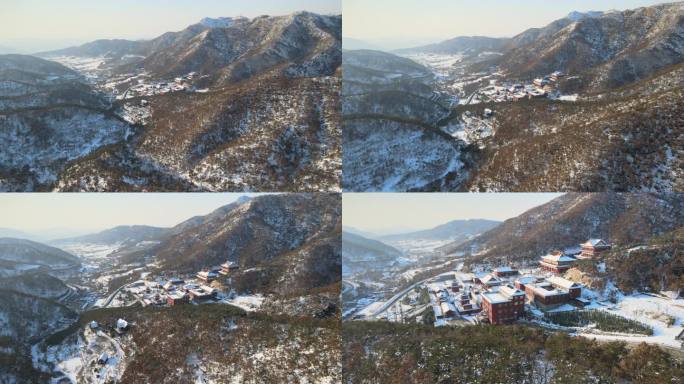 航拍冬季的山东威海里口山广福寺雪景