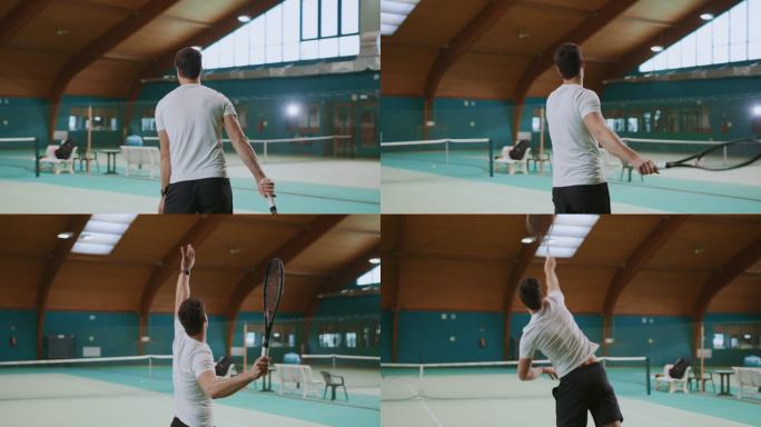 年轻人把球抛向空中，在网球场上击球发球