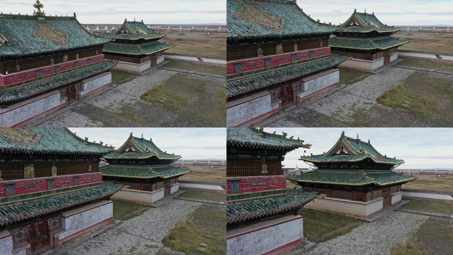 鸟瞰蒙古部落村庄的佛寺