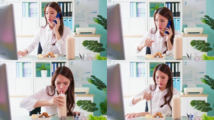 女人努力加班商务人士美女忙碌办公室边吃饭