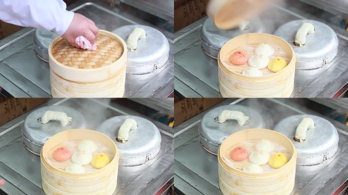 蒸汤包五彩汤包上蒸笼蒸制制作过程