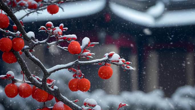 雪景飘雪 冬季柿子