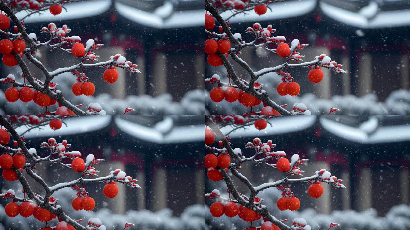 雪景飘雪 冬季柿子