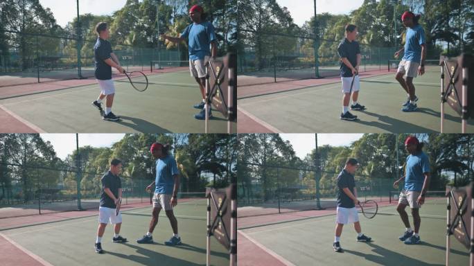 亚洲华人唐氏综合征男子在周末早晨向教练学习打网球