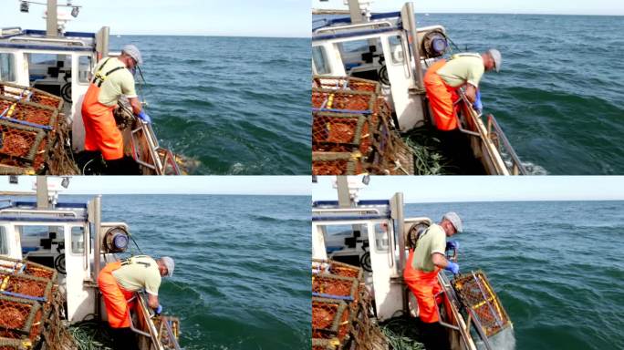 渔民捕龙虾水上养殖俯拍航拍渔业大海渔民
