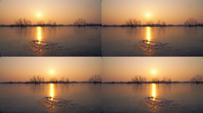 日落夕阳冰封的永定河