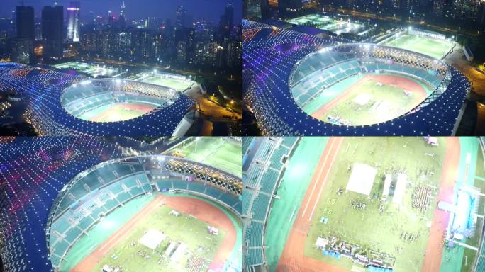 航拍从深圳湾体育场 夜景 俯拍场内