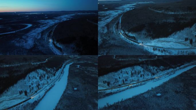 航拍漠河傍晚夕阳蓝调雪地火车行驶