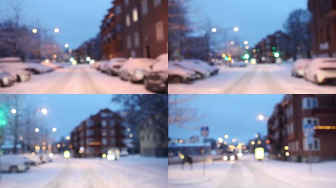 冬季散焦城市驾驶积雪街景冬天雪景