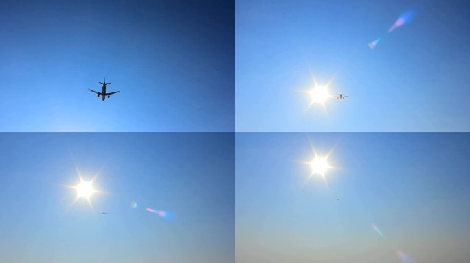 航空旅行客机空客飞过太阳剪影民航