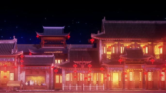 三维古建筑夜景 古街道背景 （长画幅）