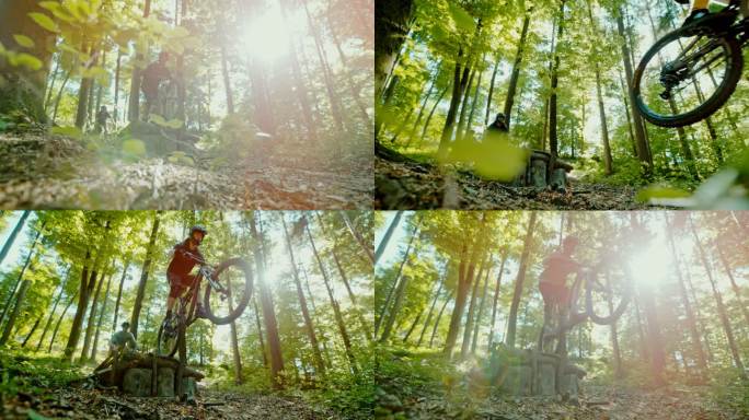 超级SLO MO山地车车手在阳光明媚的森林中跳过木坡道