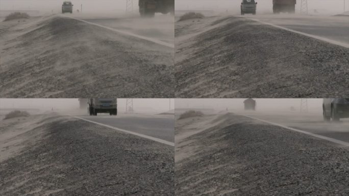 沙尘天气 公路相对而行的车辆