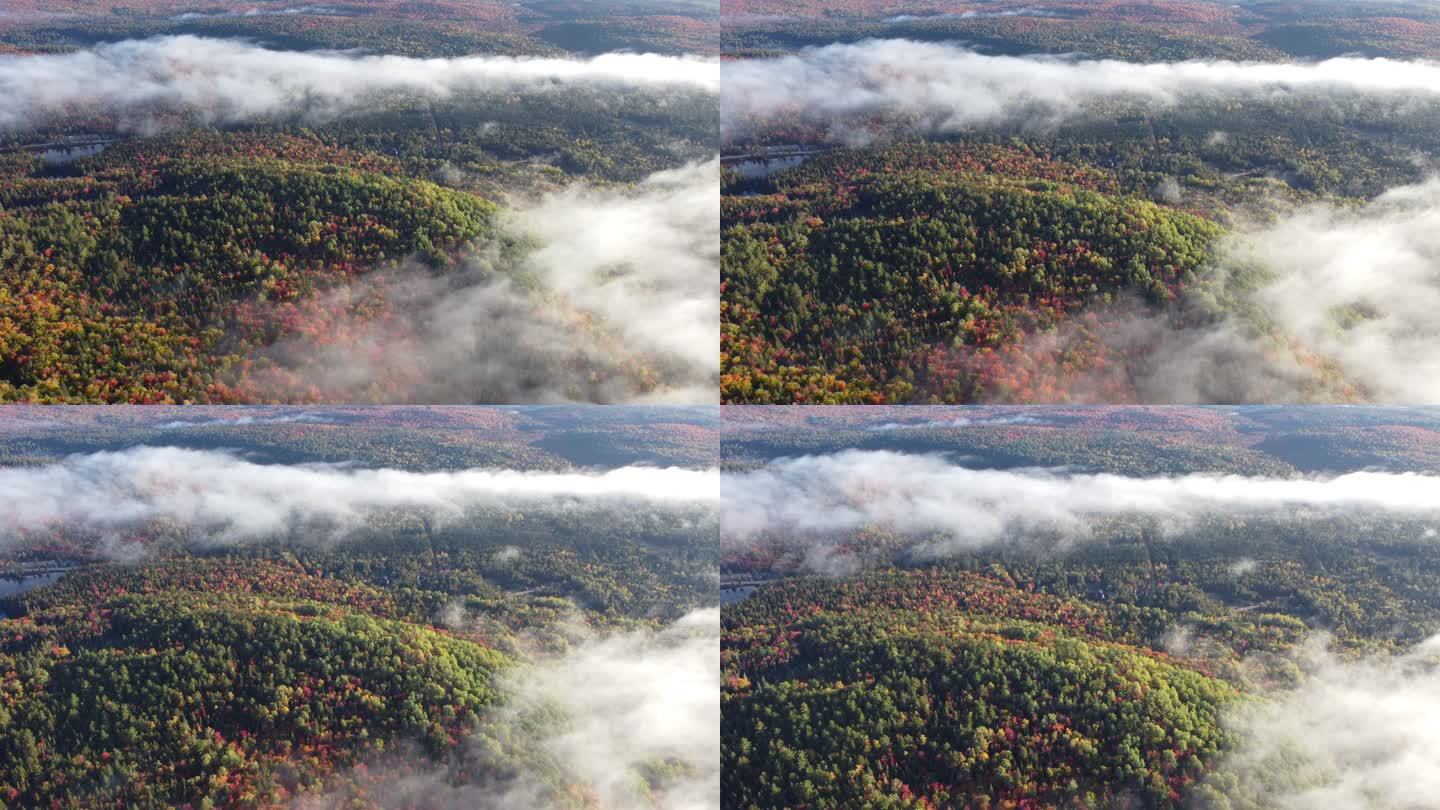 加拿大魁北克，秋天，美丽的日出，雾卷山