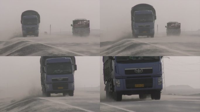 新疆 大货车在风沙中行驶