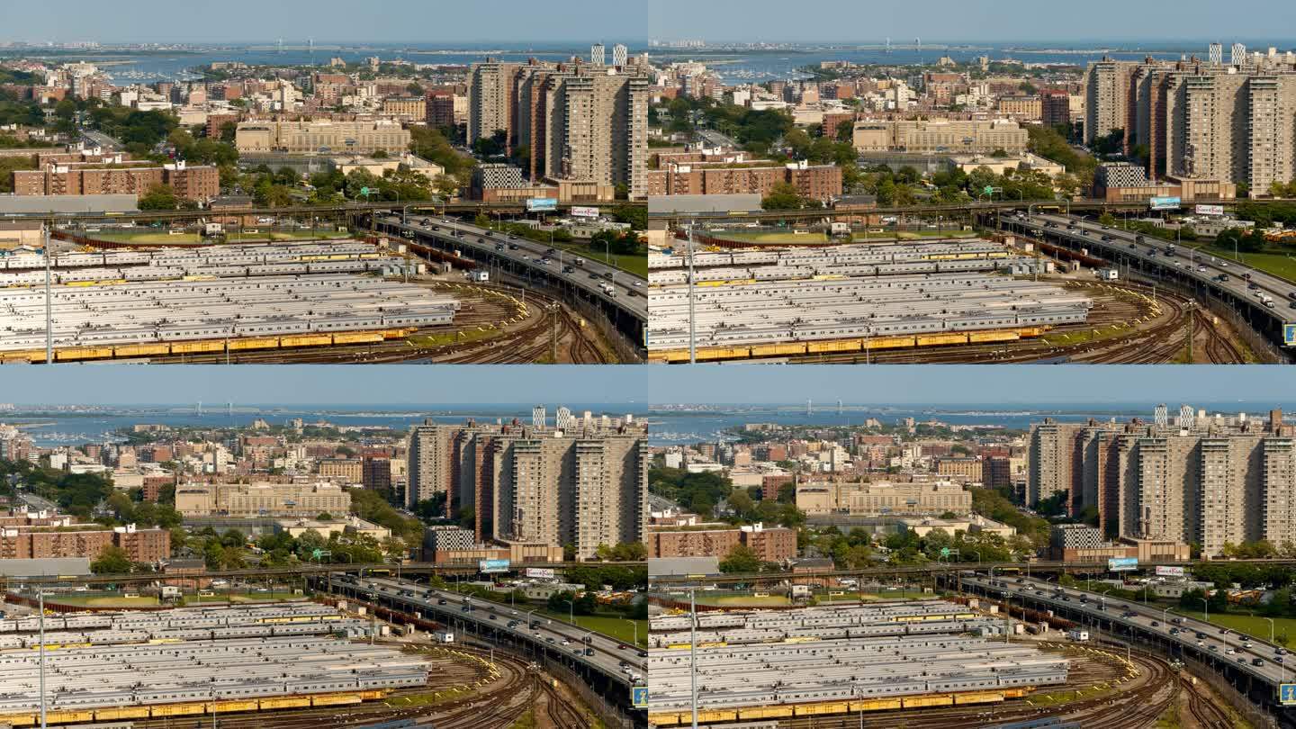 纽约布鲁克林的地铁停车场。动态平移摄影机运动的空中镜头。