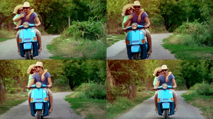 夫妇骑着摩托车在乡村地区行驶。