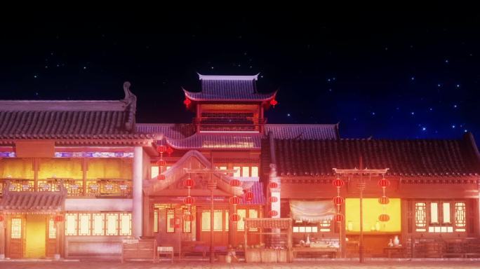 三维古建筑夜景 古街道背景 （长画幅）