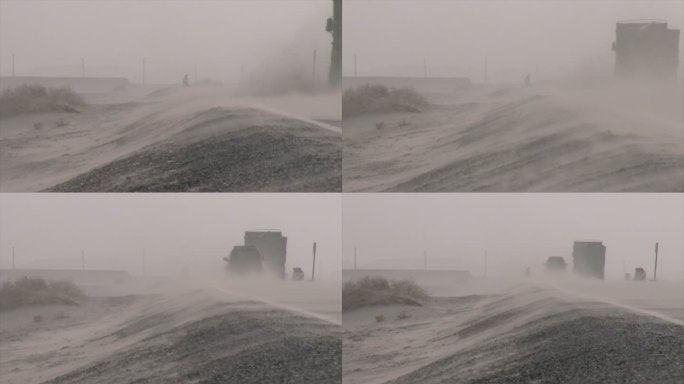 新疆 沙尘天气 车辆经过时的路面风沙