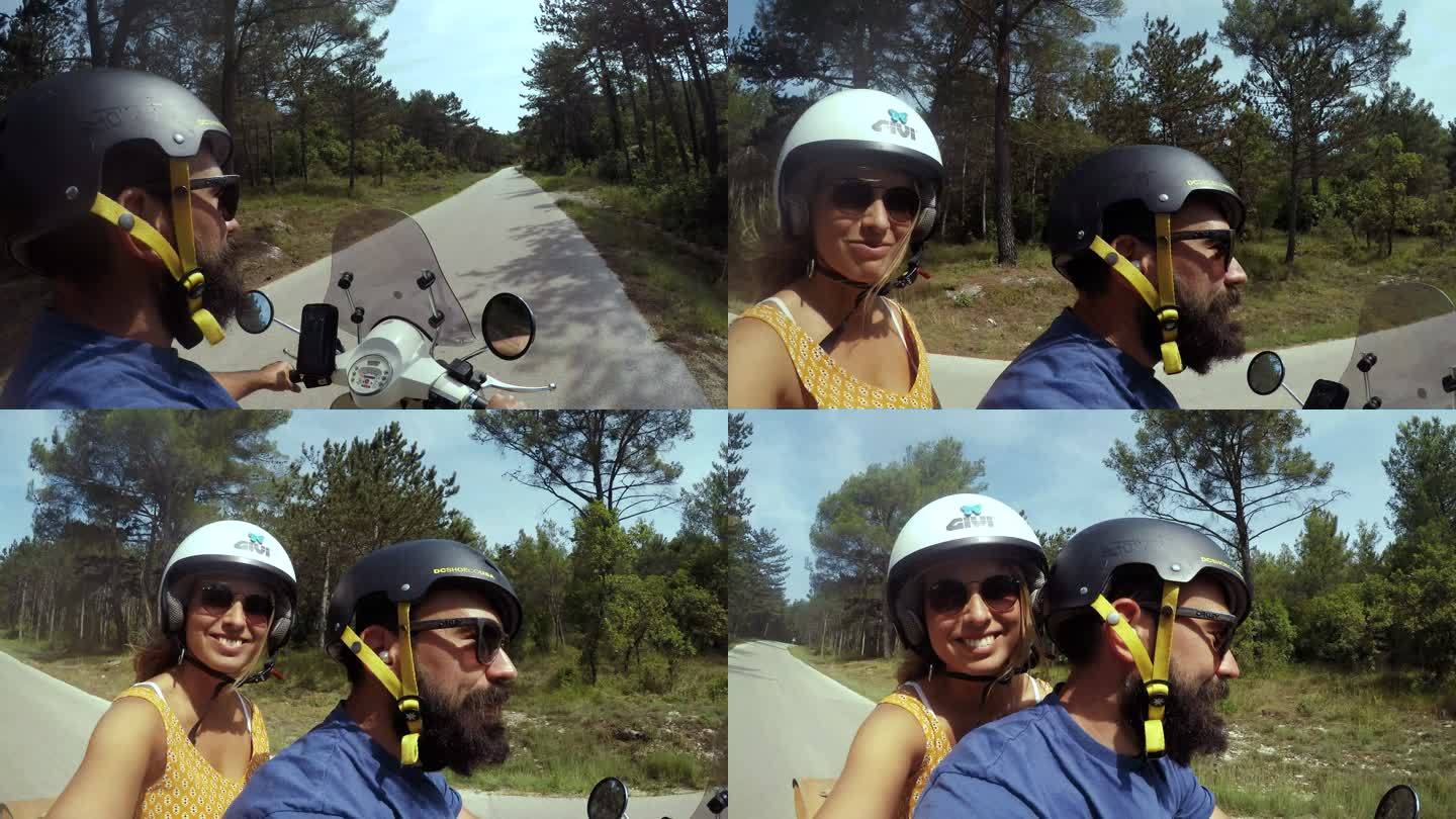 一起冒险国外情侣骑摩托车开心自拍