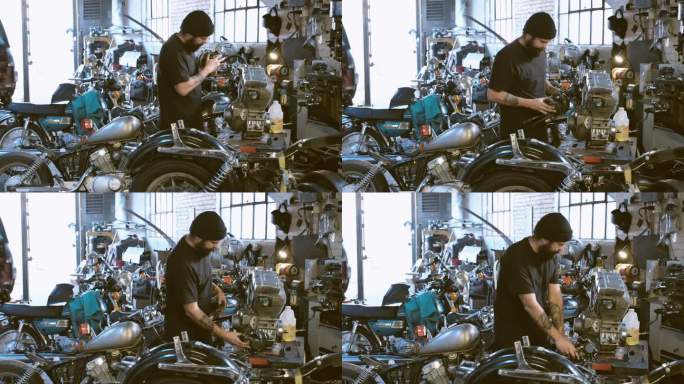 复古摩托车技师国外机械师摩托车维修厂发动