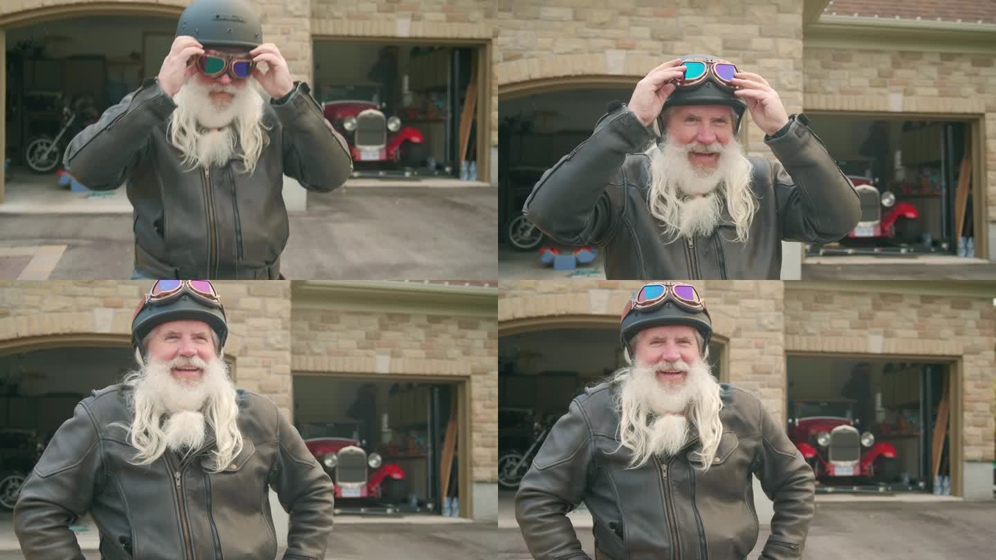老人准备骑摩托车国外大胡子老人朋克摩托车