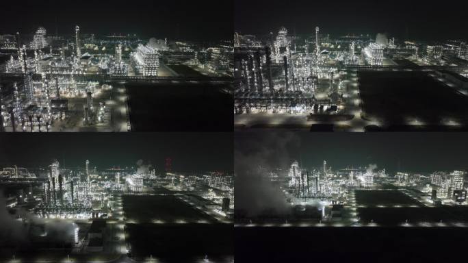 中科炼化航拍炼油厂夜晚夜景烟囱