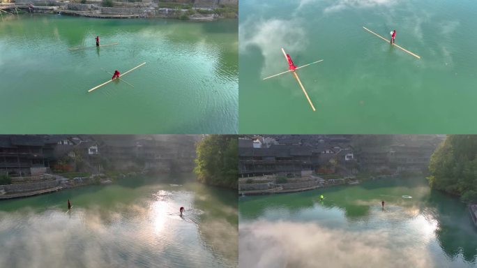 贵州遵义乌江寨水上独竹漂表演