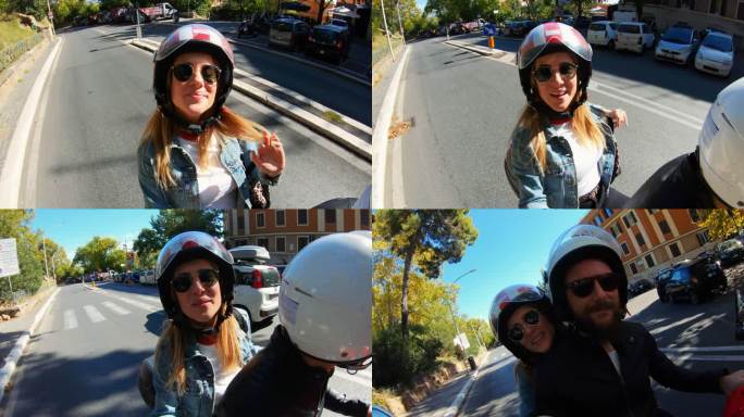 自拍滑板车骑行：罗马市中心骑摩托车的旅游情侣