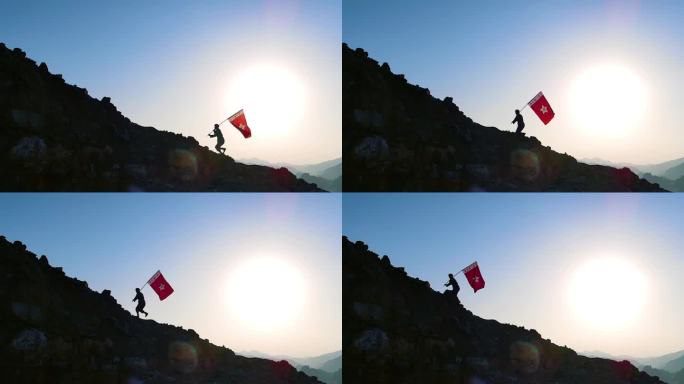 红色革命爱国教育工农红军举起旗帜冲向山顶