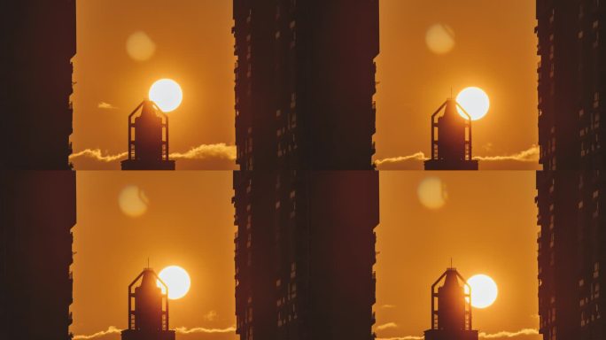 长焦镜头拍摄城市建筑与日落延时摄影