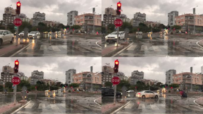 雨中的汽车机动车机动车道等红灯