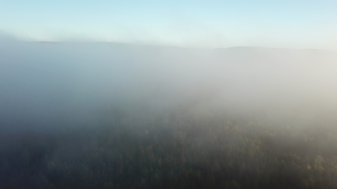 美丽的空中全景，在色彩斑斓的日出中被雾笼罩。