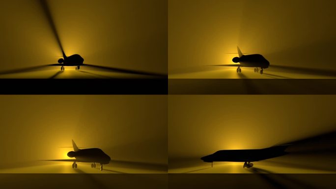 公务机着陆三维动画飞机剪影光影旋转展示