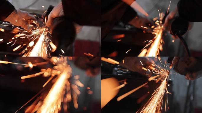 磨机打磨金属的慢镜头抛光 切割 火花