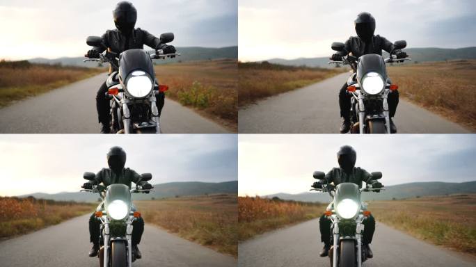 骑摩托车旅行。阴天日落时的乡村景观