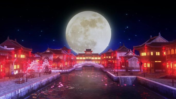 江南水乡夜景 三维古建筑夜景 古街道背景