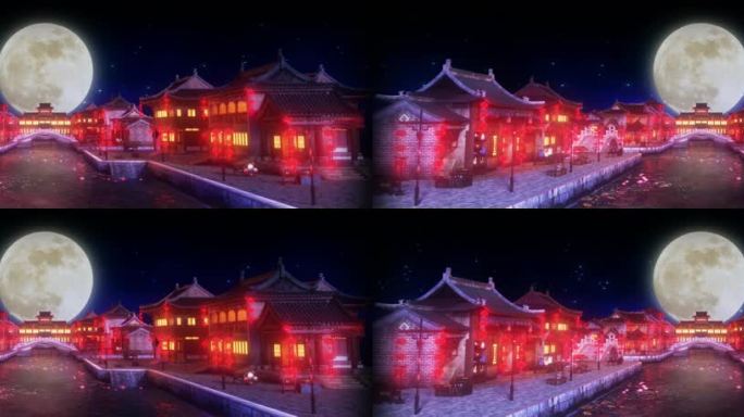 江南水乡夜景 三维古建筑夜景 古街道背景