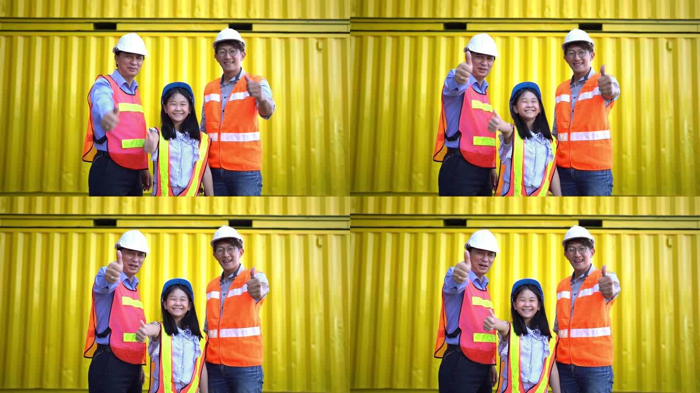男码头工人和年轻女孩竖起大拇指