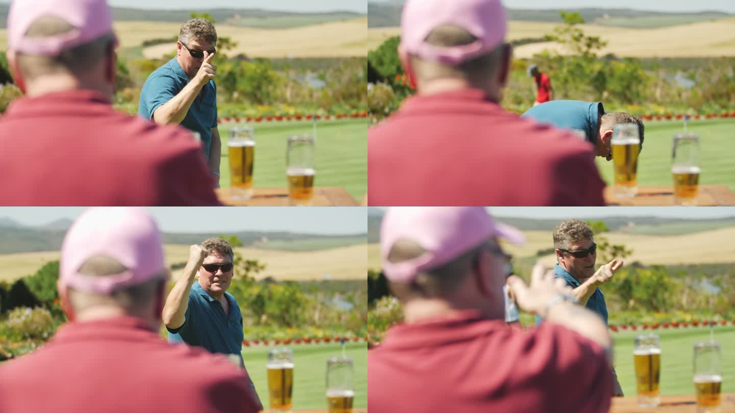 男子高尔夫球手练习抛下喝啤酒的朋友