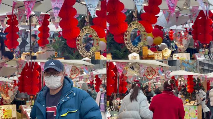 新春放假文创集市红灯笼过节气氛逛街的人摇