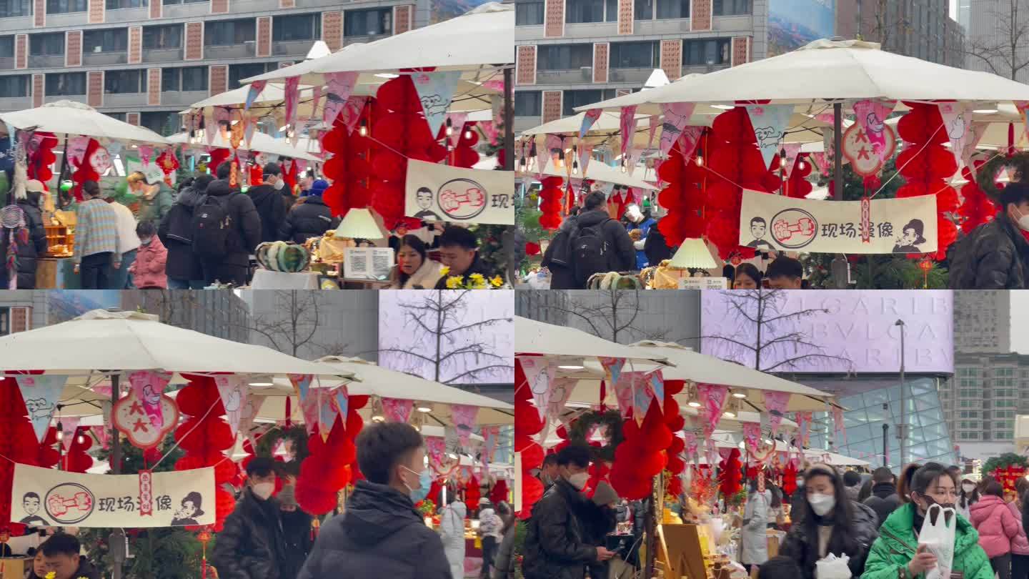 新春放假文创集市红灯笼过节气氛逛街的人