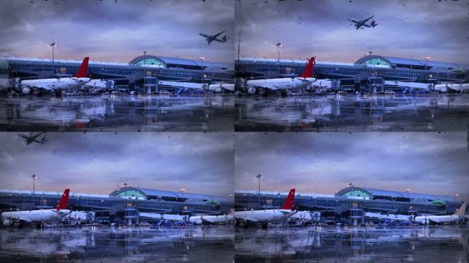 机场雨天飞机起飞下雨天客机夜晚起飞