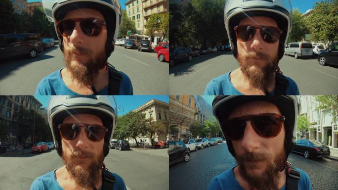 自拍滑板车骑行：在罗马市中心的摩托车上