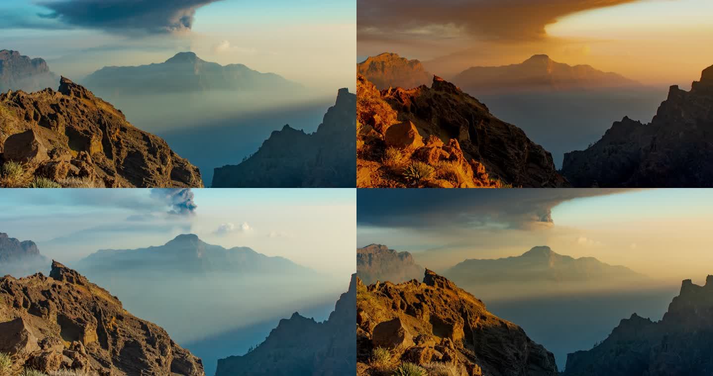 拉帕尔马火山爆发，老富马罗山顶，罗克·德·洛斯·穆查科斯的观点。2021年10月15日被驱逐的巨大喷