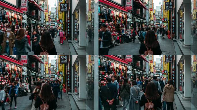 时光流逝韩国首尔明洞街市场上年轻的亚洲女性旅行者旅行和购物。明洞区是首尔市最受欢迎的购物市场。
