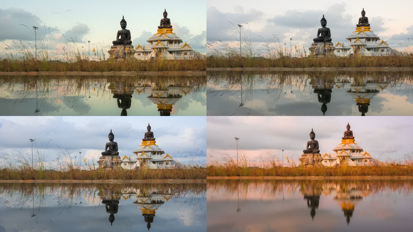 泰国宋克拉佛教省佛像的延时日落场景