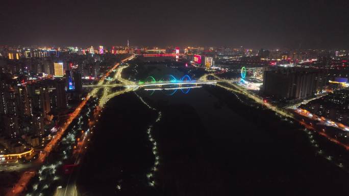 临沂祊河夜景航拍 高空下降 城市全景