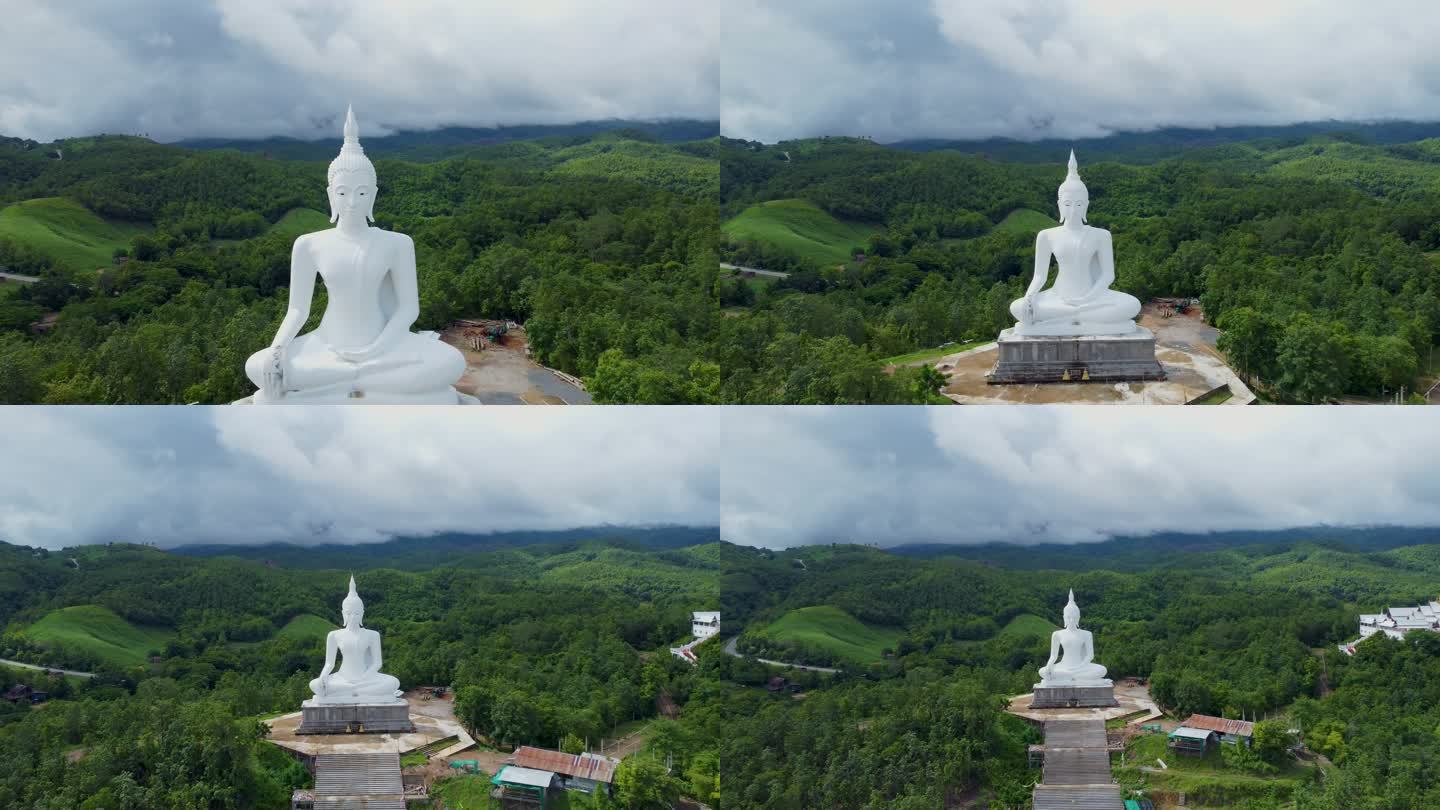 远景鸟瞰白佛白色佛像山顶佛雕像泰国宗教旅